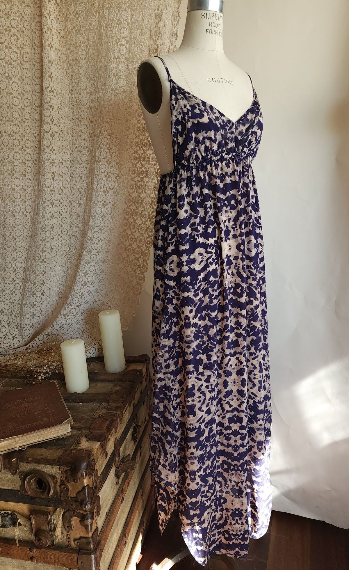 Gypsy 05 Silk Maxidress. Size Medium, Blue and Cream Ikat, Asymetrical Hem