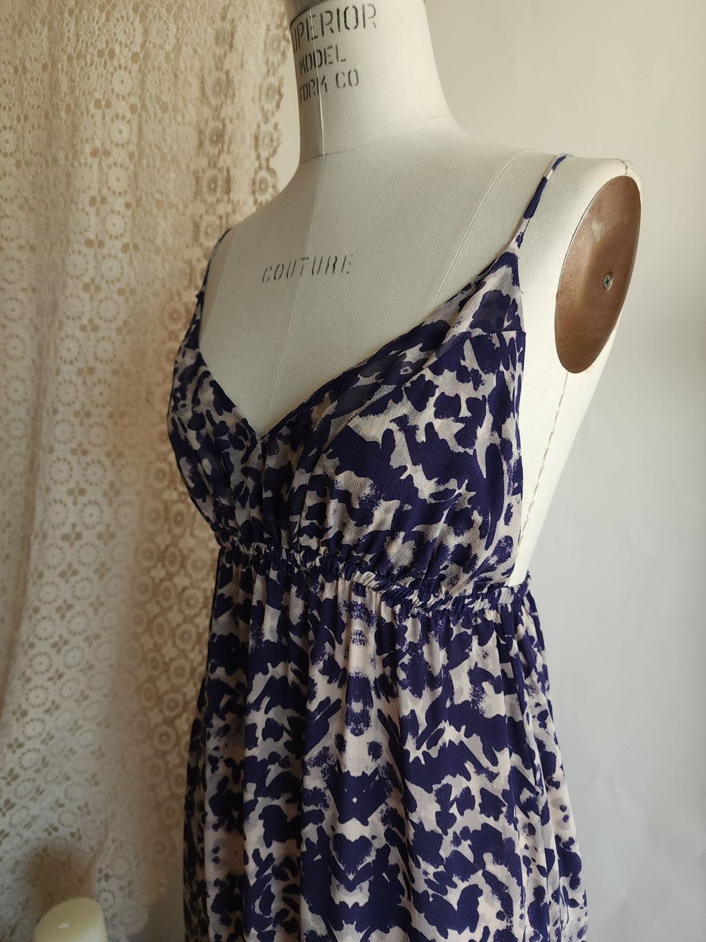 Gypsy 05 Silk Maxidress. Size Medium, Blue and Cream Ikat, Asymetrical Hem