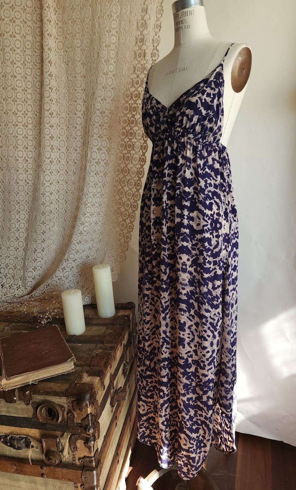 Gypsy 05 Silk Maxidress. Size Medium, Blue and Cream Ikat, Asymetrical Hem