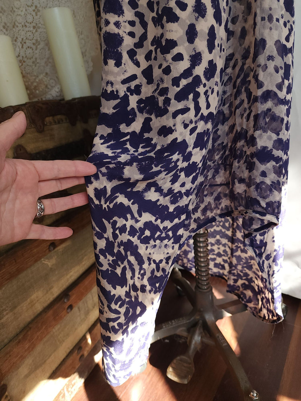 Gypsy 05 Silk Maxidress. Size Medium, Blue and Cream Ikat, Asymetrical Hem