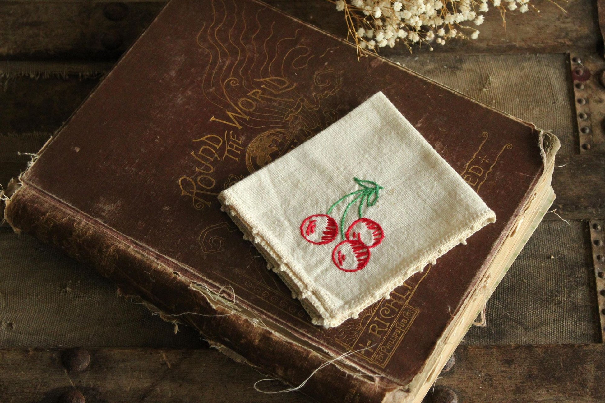 Vintage 1950s Ivory Linen Napkin Embroidered with Cherries