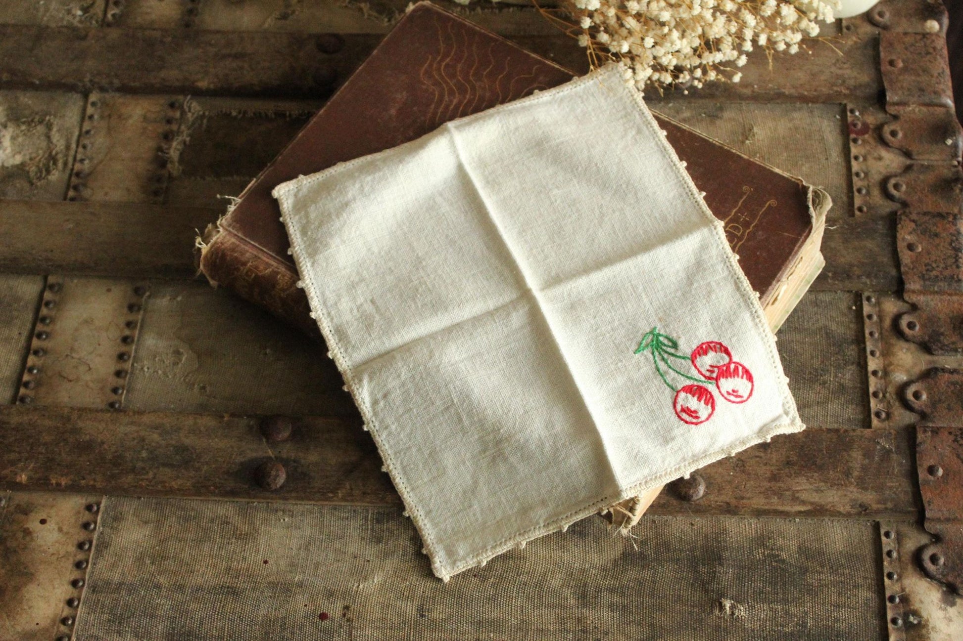 Vintage 1950s Ivory Linen Napkin Embroidered with Cherries