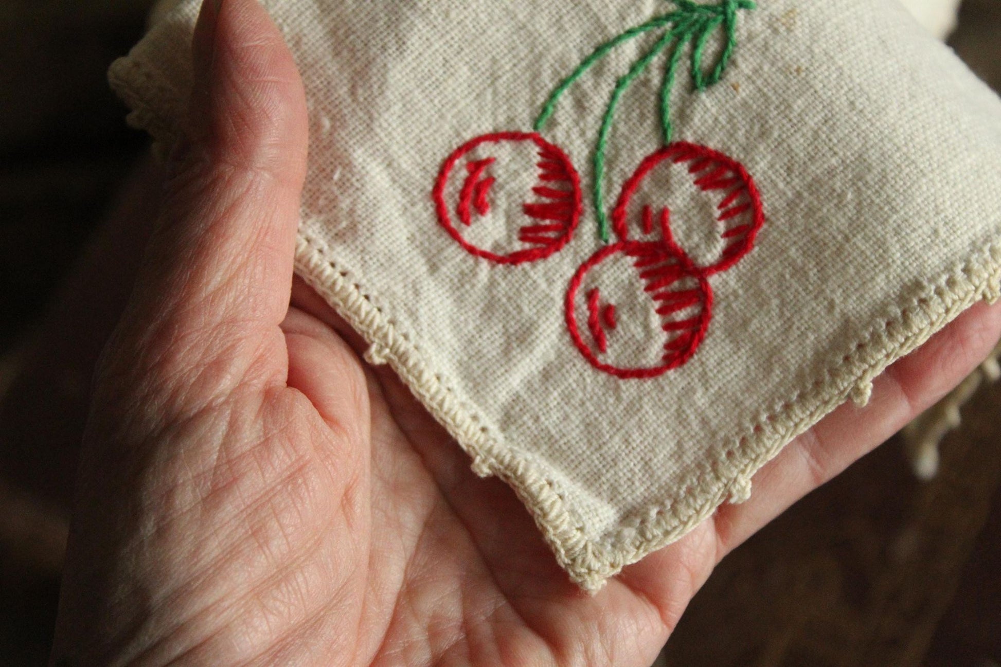 Vintage 1950s Ivory Linen Napkin Embroidered with Cherries