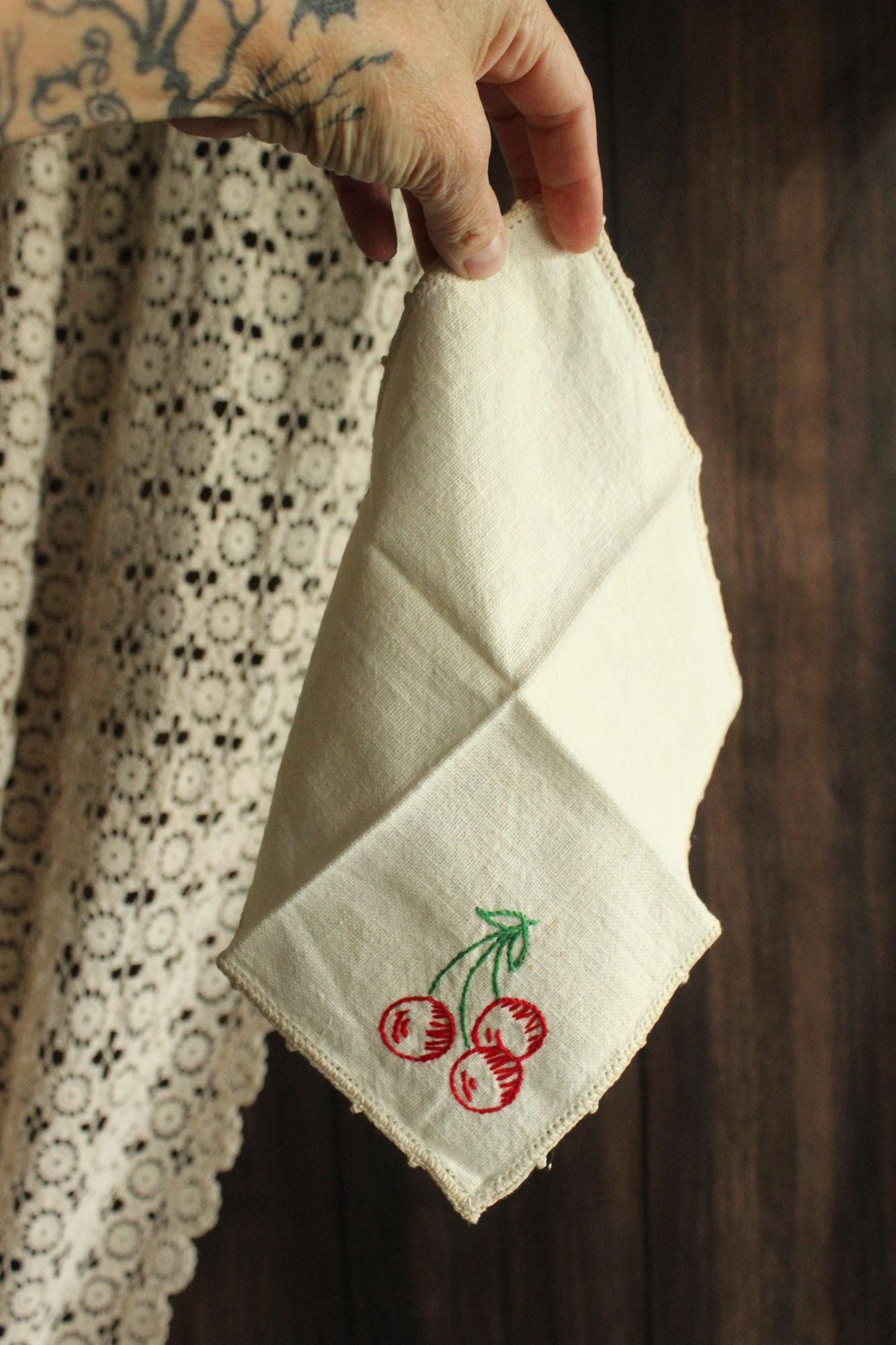Vintage 1950s Ivory Linen Napkin Embroidered with Cherries
