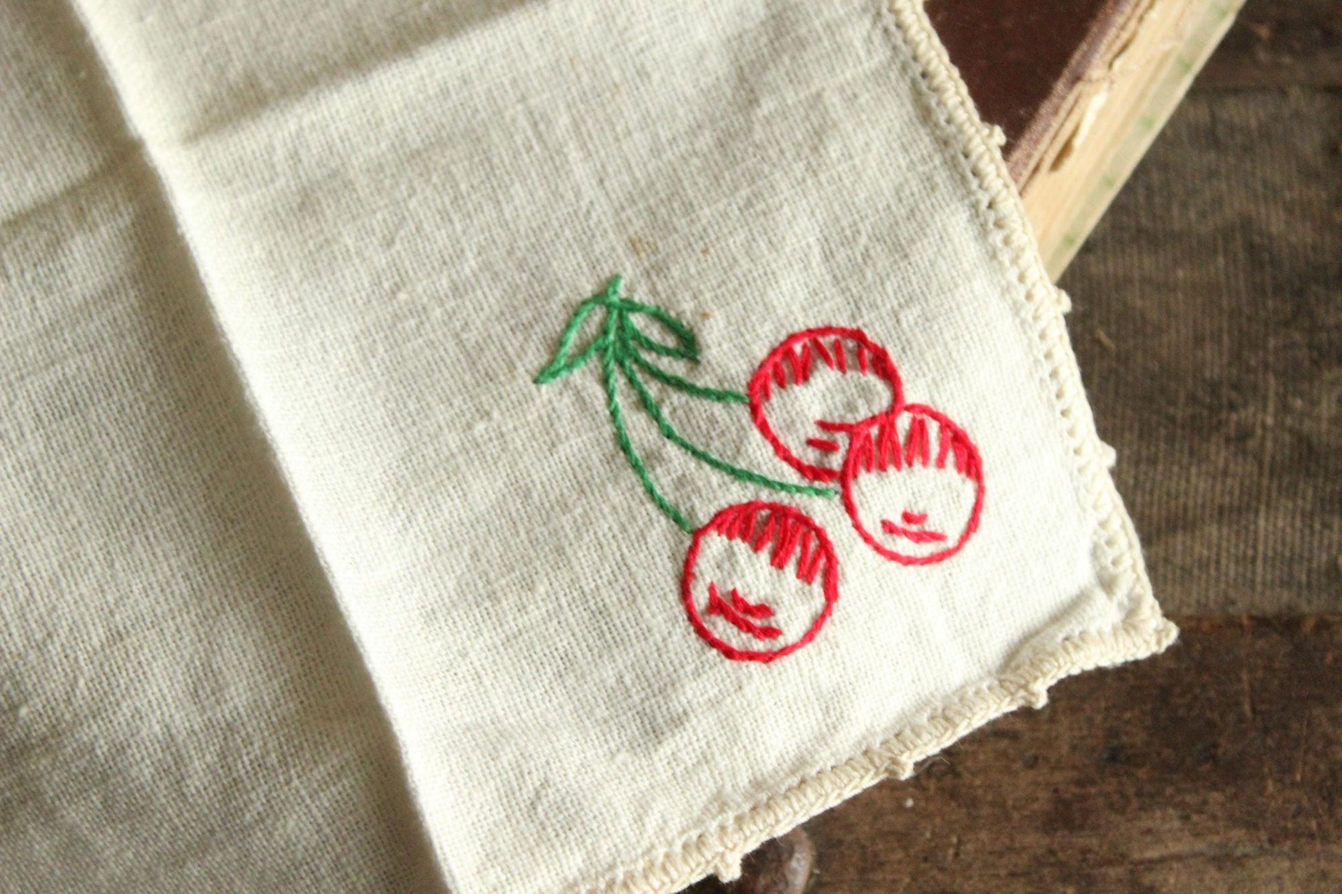 Vintage 1950s Ivory Linen Napkin Embroidered with Cherries