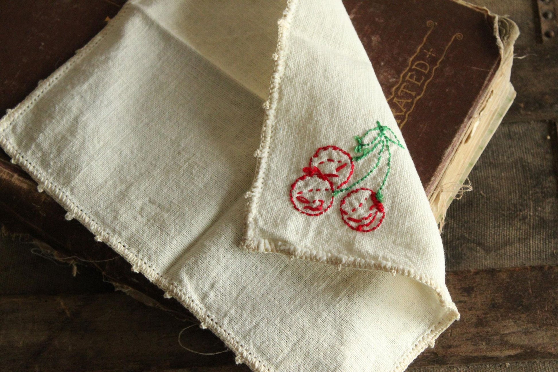 Vintage 1950s Ivory Linen Napkin Embroidered with Cherries