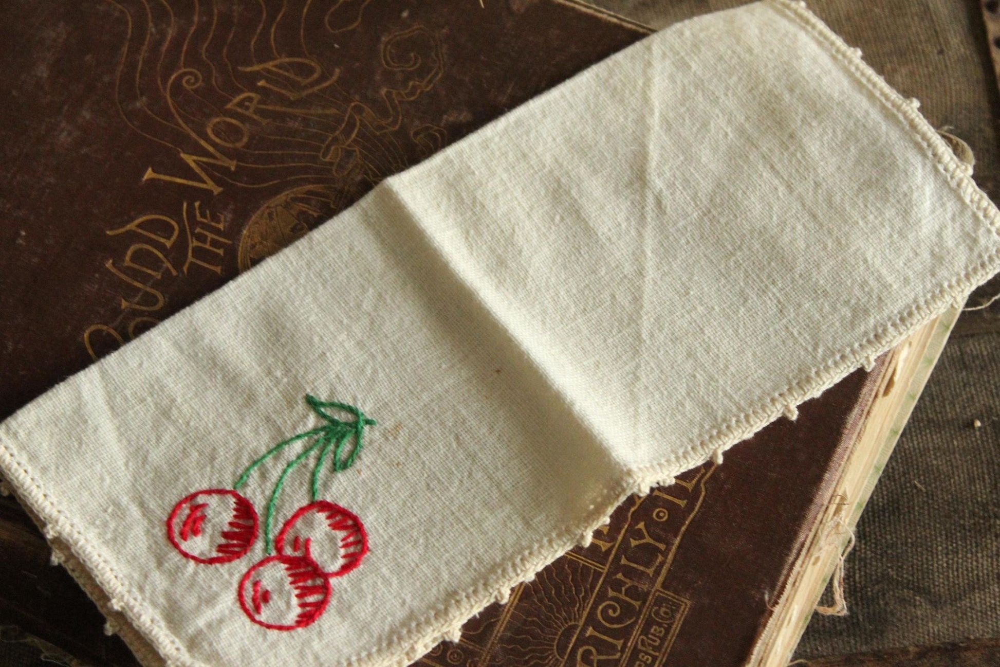 Vintage 1950s Ivory Linen Napkin Embroidered with Cherries