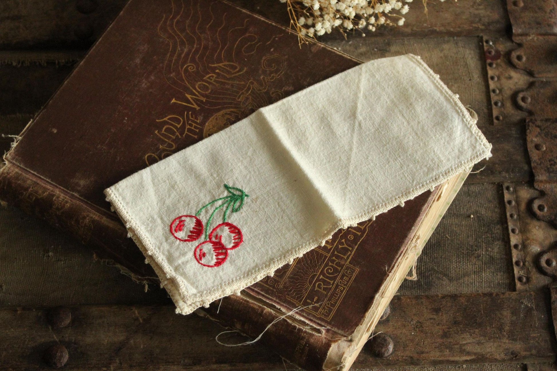 Vintage 1950s Ivory Linen Napkin Embroidered with Cherries