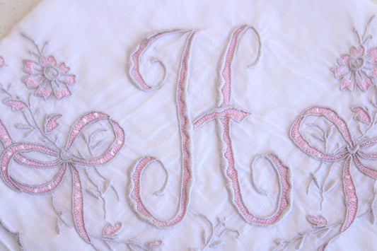 Vintage Monogrammed Initial H Pink Embroidered Linen Hanky