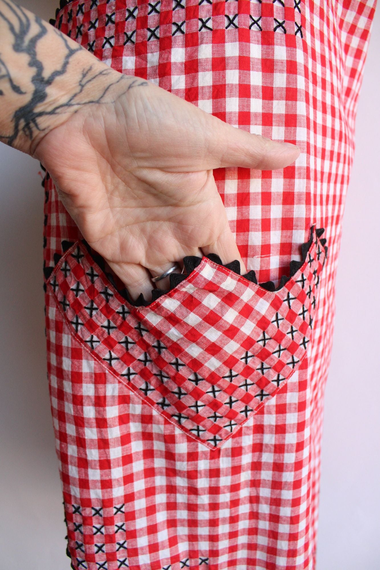 Vintage 1960s Full Red Gingham Pinafore Apron With Pocket