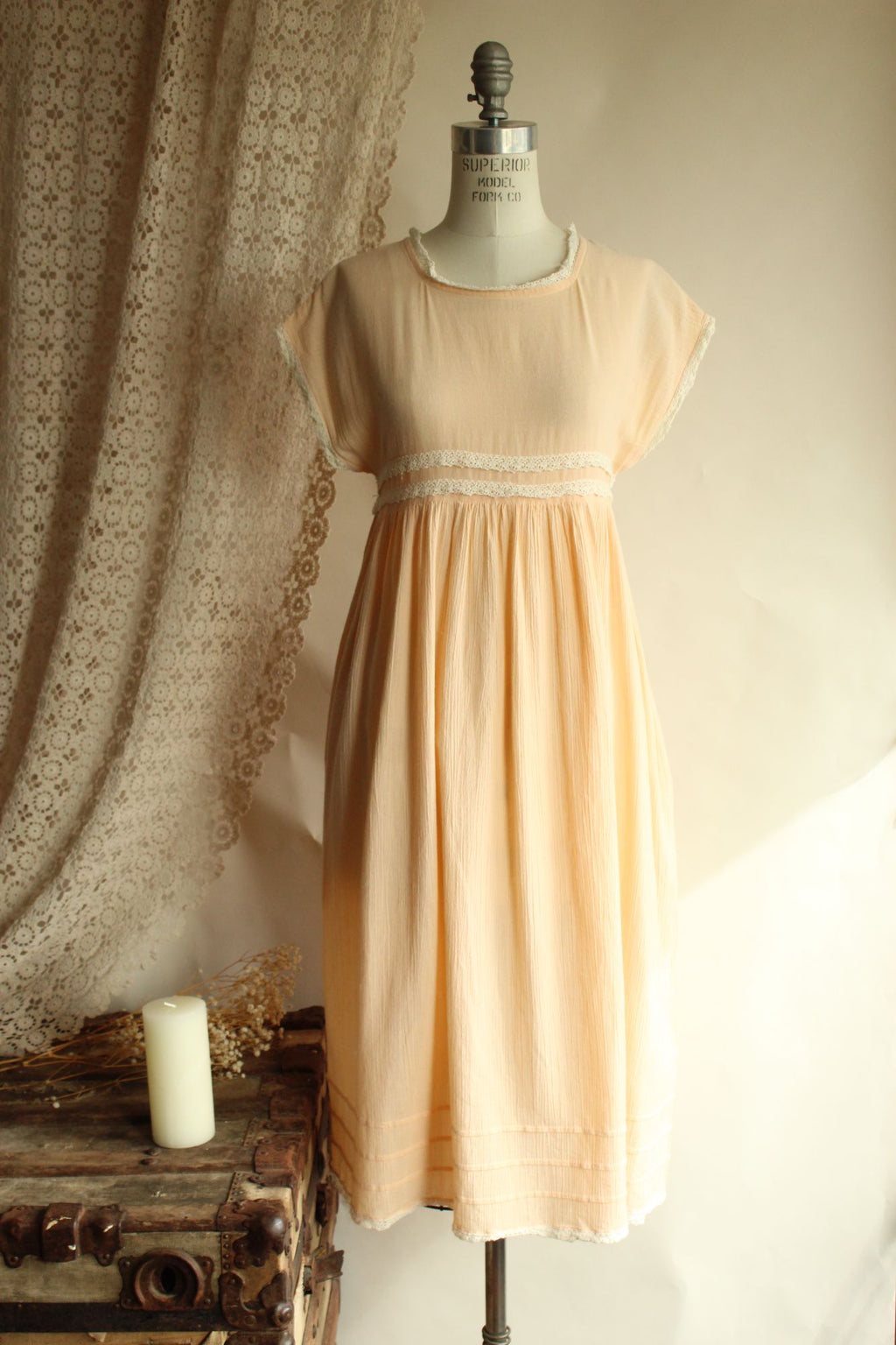 Vintage 1970s Peach Dress with Pockets and Crochet Lace Trim