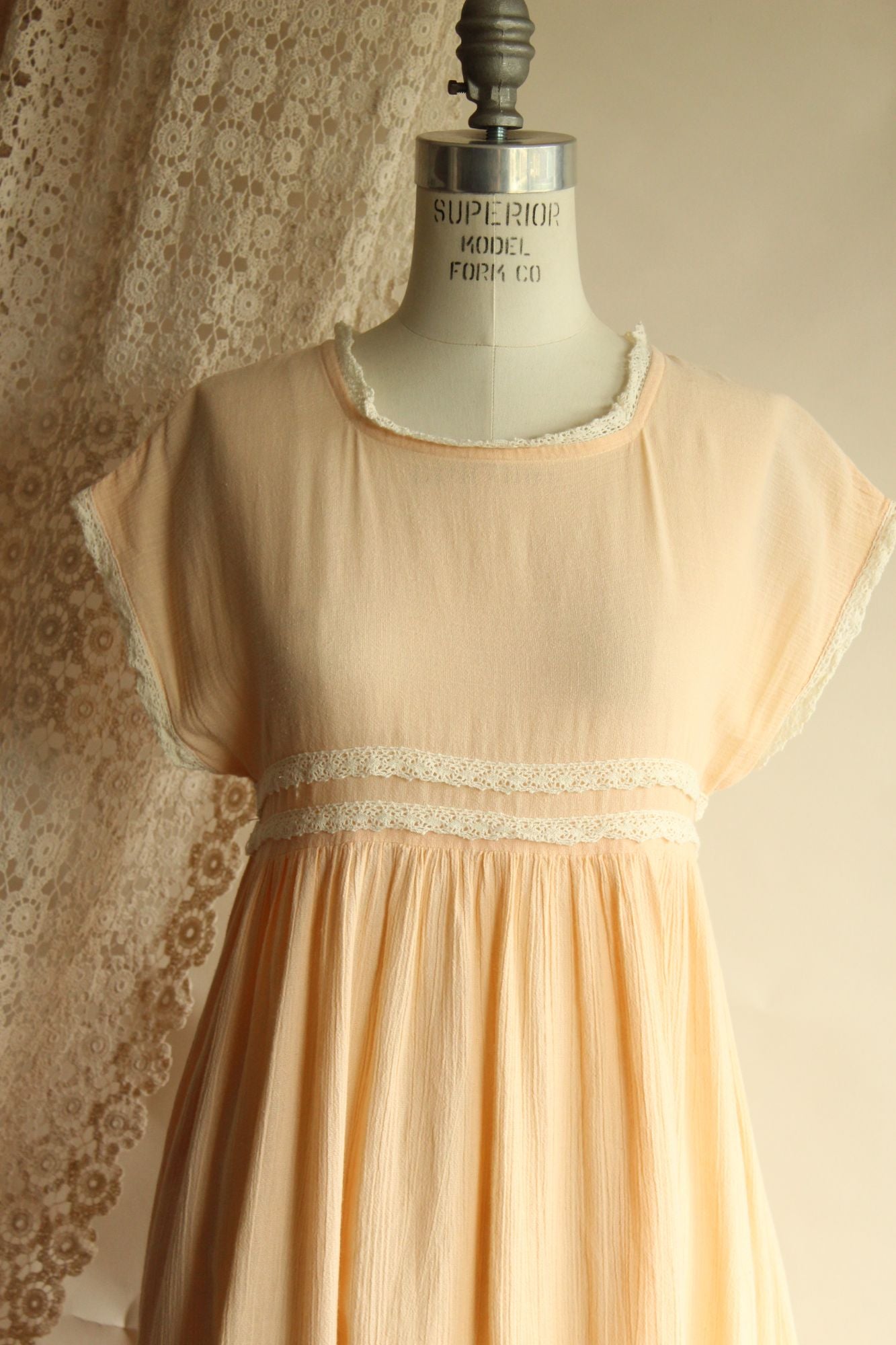 Vintage 1970s Peach Dress with Pockets and Crochet Lace Trim