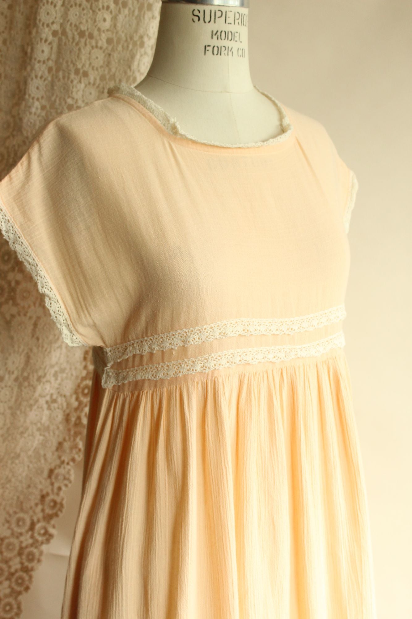 Vintage 1970s Peach Dress with Pockets and Crochet Lace Trim