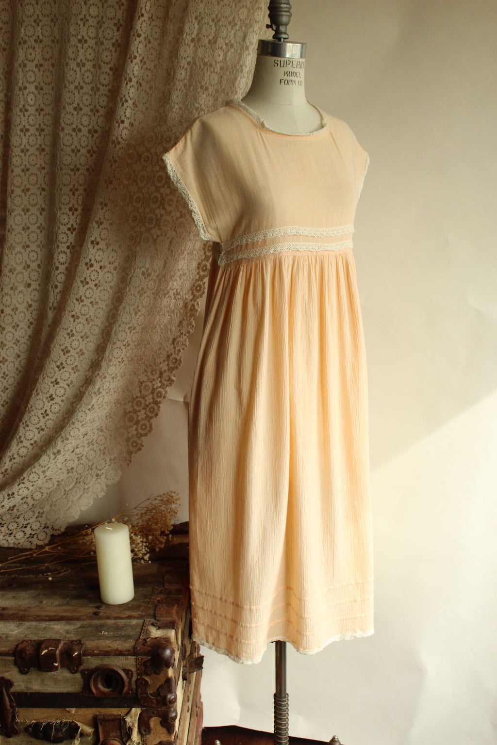 Vintage 1970s Peach Dress with Pockets and Crochet Lace Trim