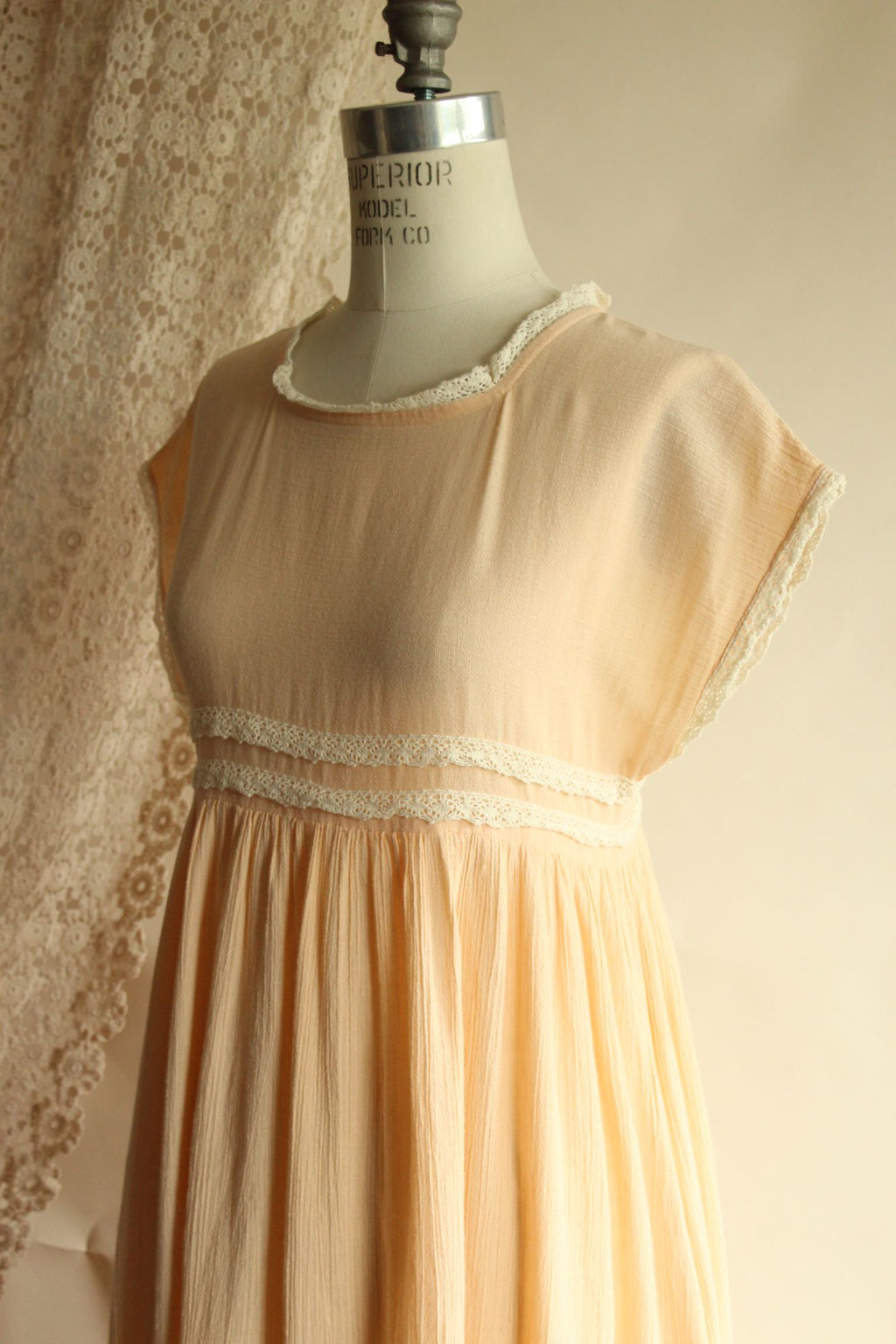 Vintage 1970s Peach Dress with Pockets and Crochet Lace Trim