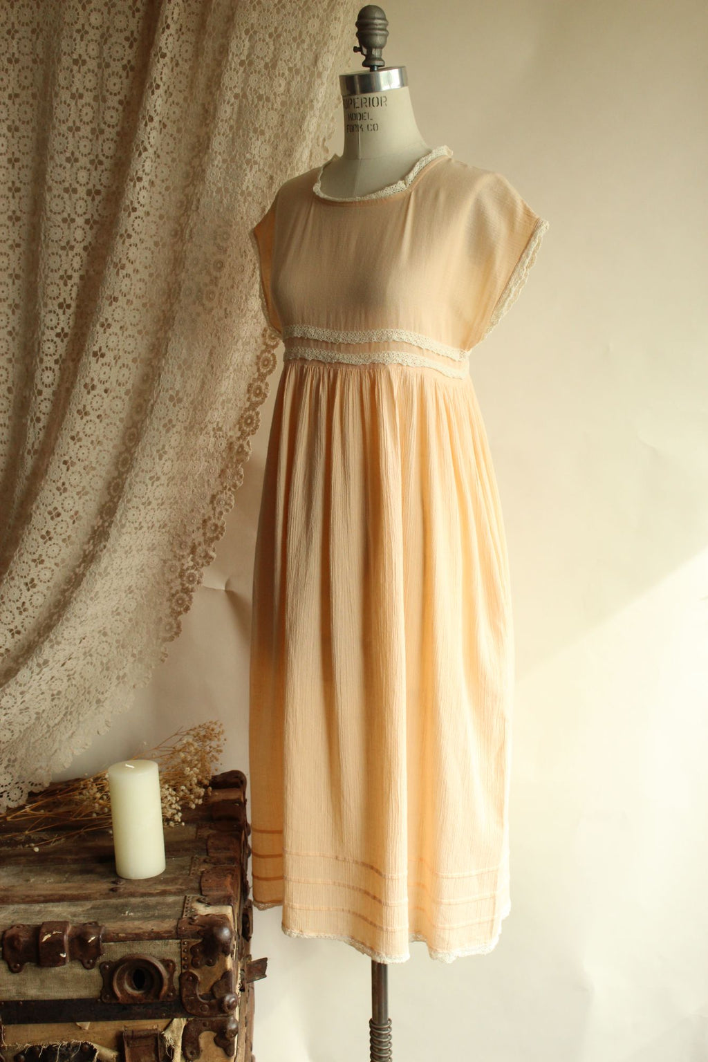 Vintage 1970s Peach Dress with Pockets and Crochet Lace Trim