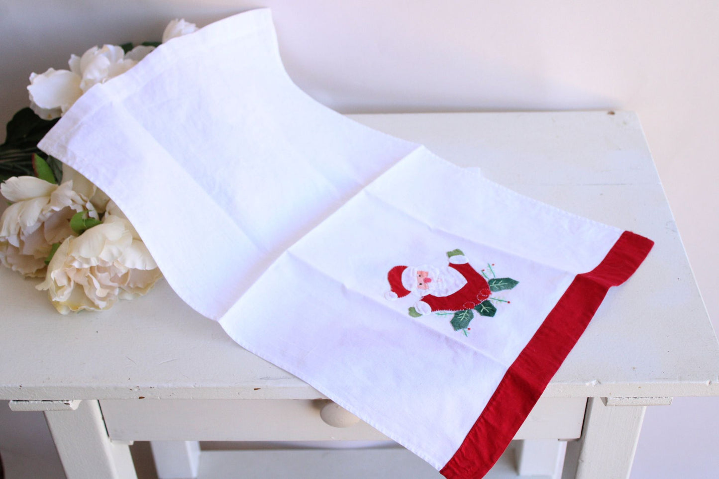Vintage 1980s Christmas Holiday Towels with Santa Claus and Candle Appliques