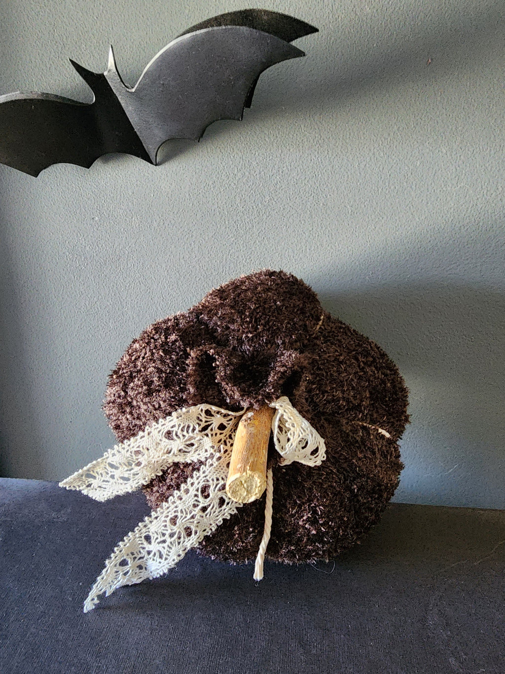 "Cafe Au Chocolat" Brown Knit Pumpkin Pillow Pouf with Vintage Ribbon and Lace