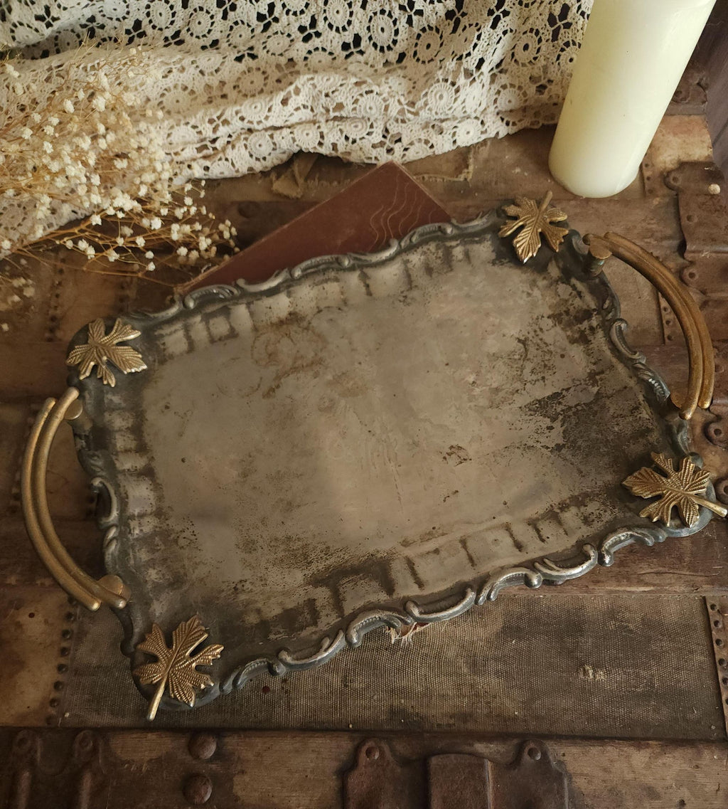 Vintage 1960s Silver Plate Tray with Brass Maple Leaf and Handles