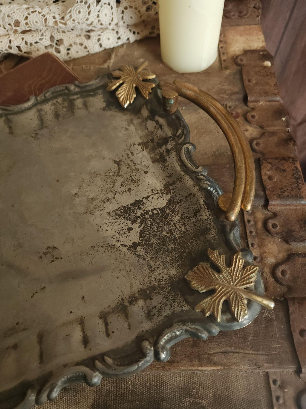 Vintage 1960s Silver Plate Tray with Brass Maple Leaf and Handles