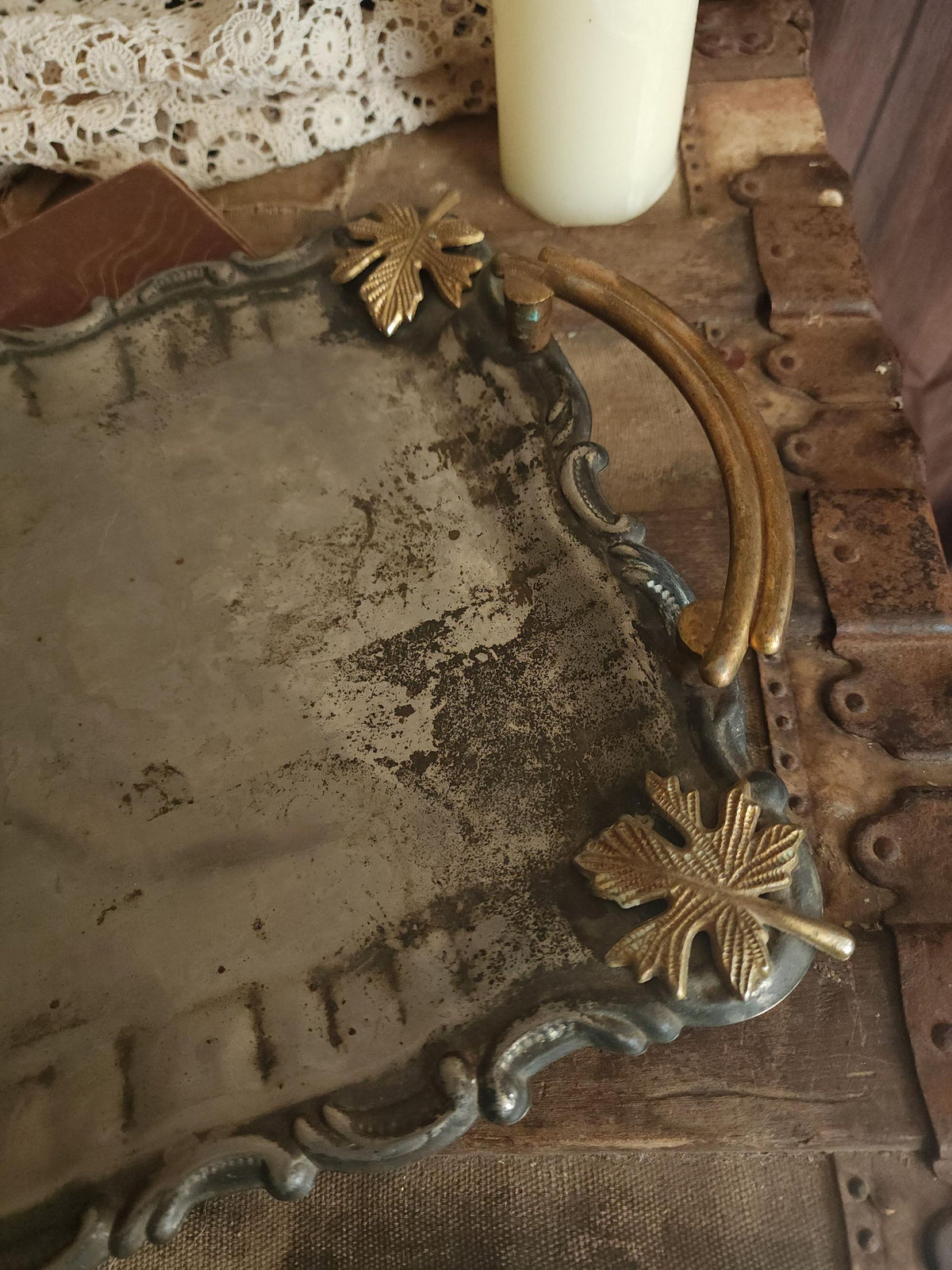 Vintage 1960s Silver Plate Tray with Brass Maple Leaf and Handles