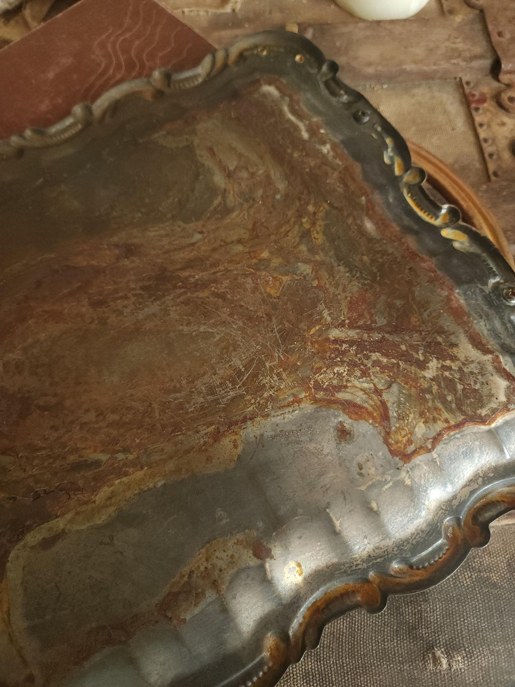 Vintage 1960s Silver Plate Tray with Brass Maple Leaf and Handles