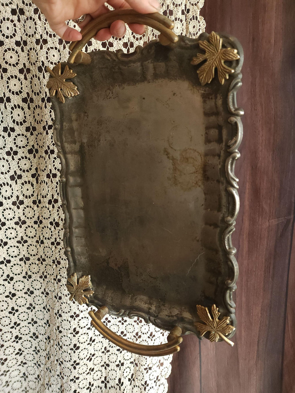Vintage 1960s Silver Plate Tray with Brass Maple Leaf and Handles