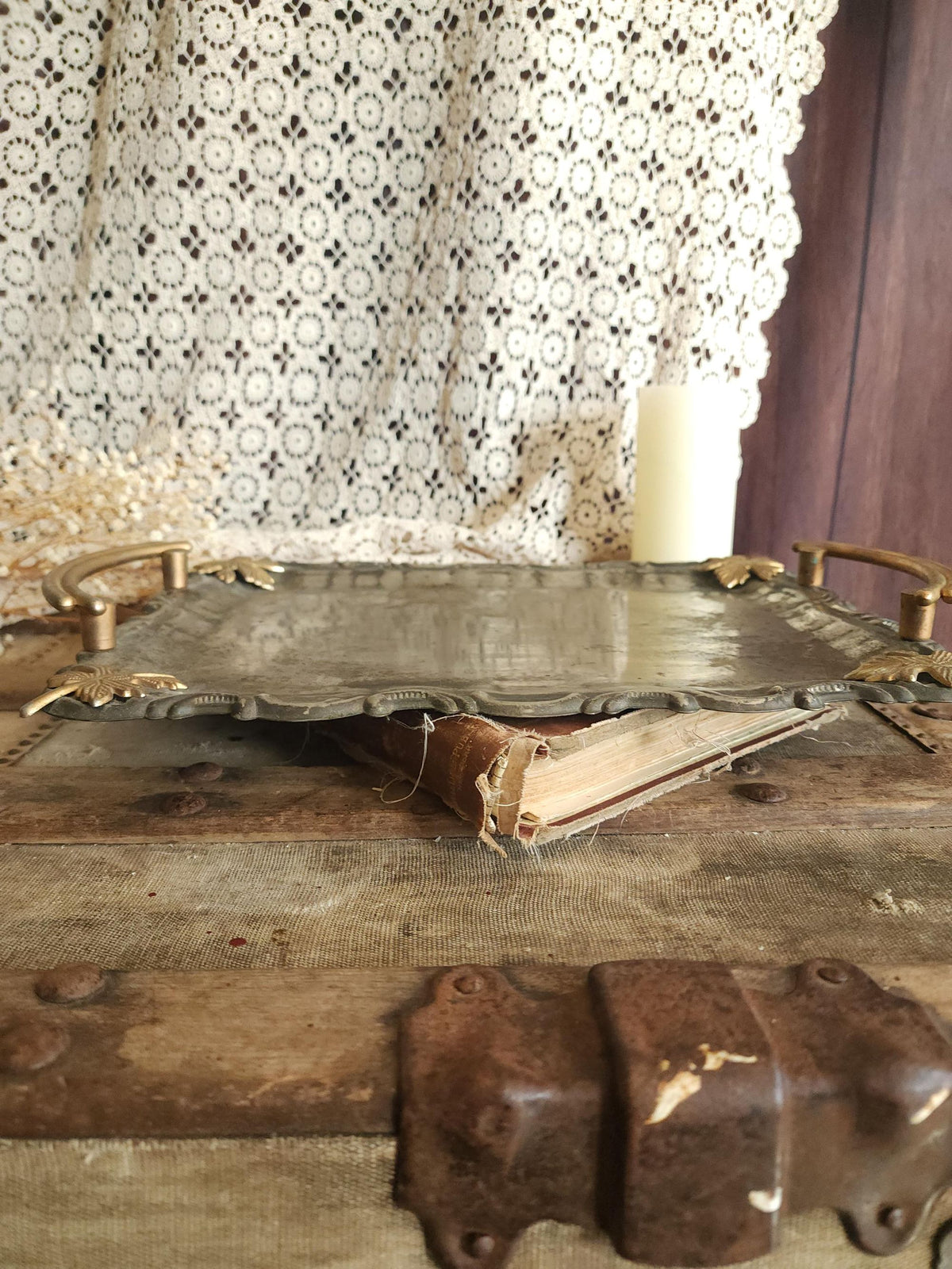 Vintage 1960s Silver Plate Tray with Brass Maple Leaf and Handles