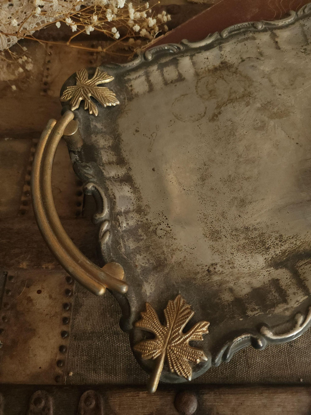 Vintage 1960s Silver Plate Tray with Brass Maple Leaf and Handles