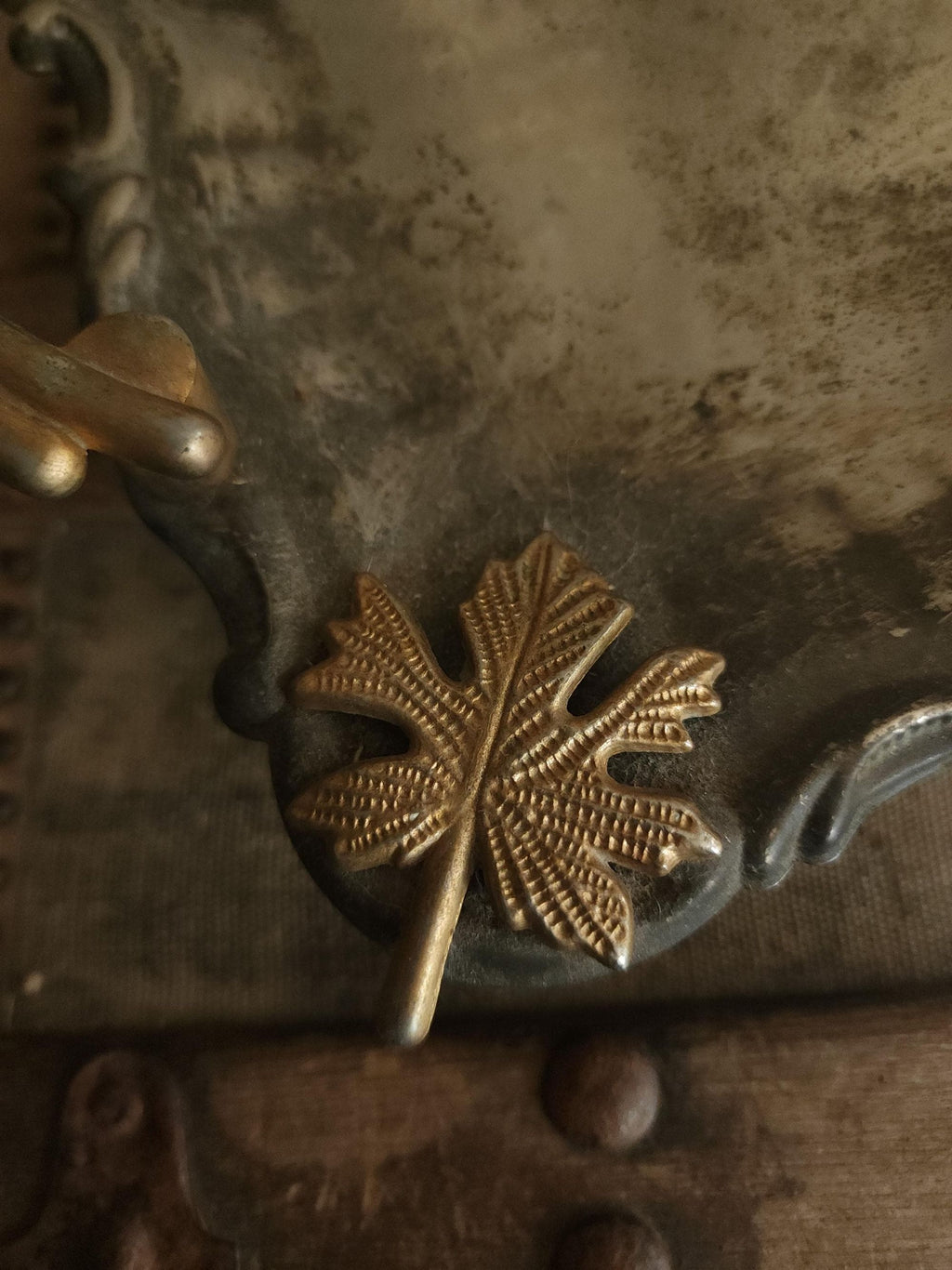 Vintage 1960s Silver Plate Tray with Brass Maple Leaf and Handles