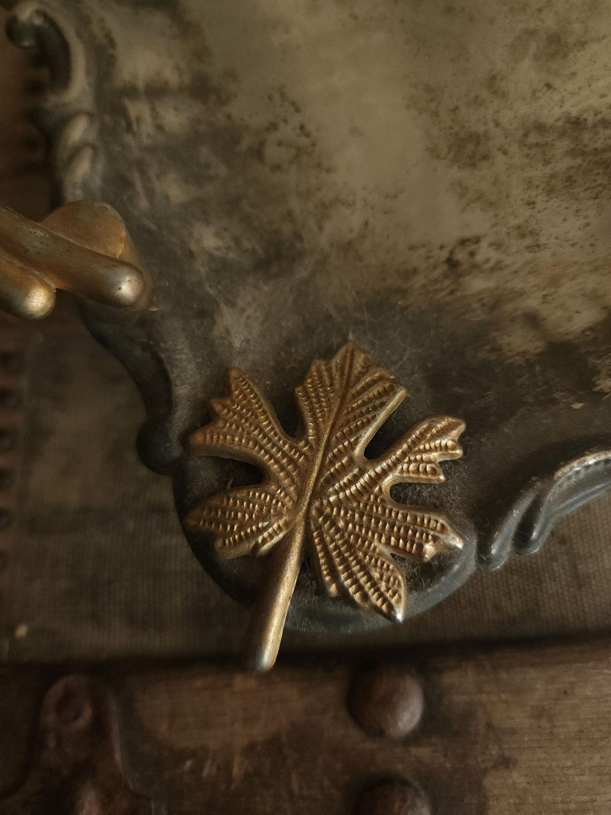 Vintage 1960s Silver Plate Tray with Brass Maple Leaf and Handles