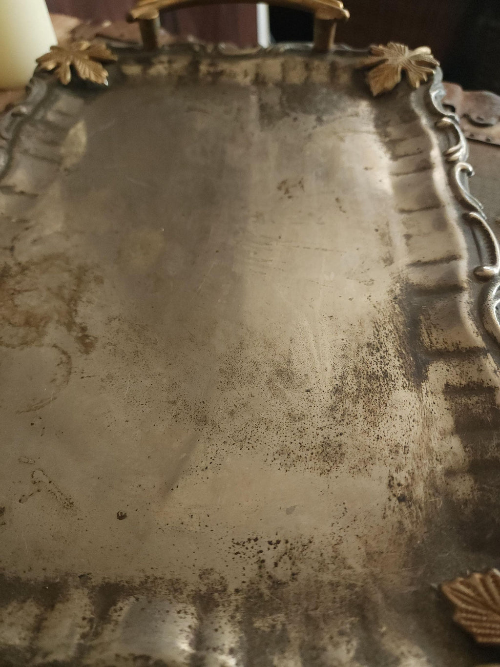 Vintage 1960s Silver Plate Tray with Brass Maple Leaf and Handles