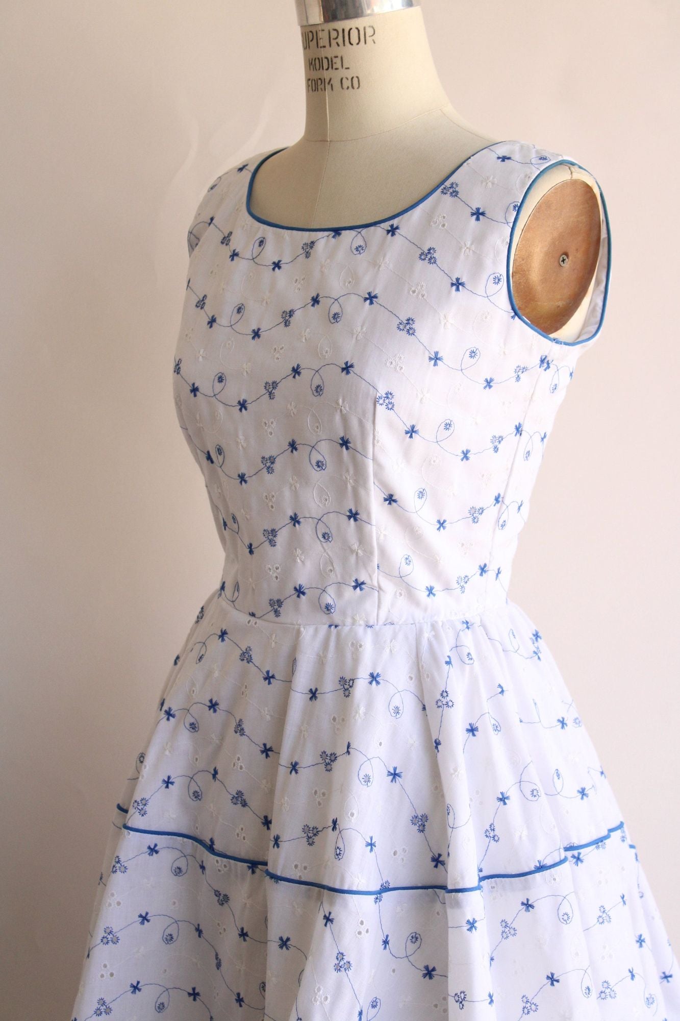 Vintage 1970s 1980s Square Dance Co Blue and White Eyelet Dress