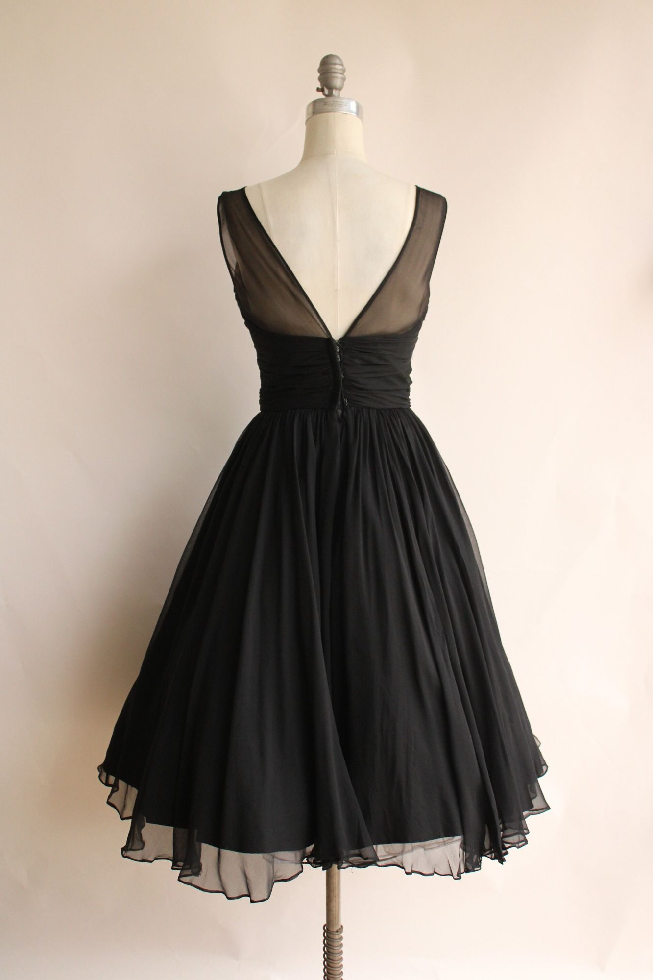 Vintage 1950s Saks Fifth Avenue Black Chiffon Fit And Flare Dress