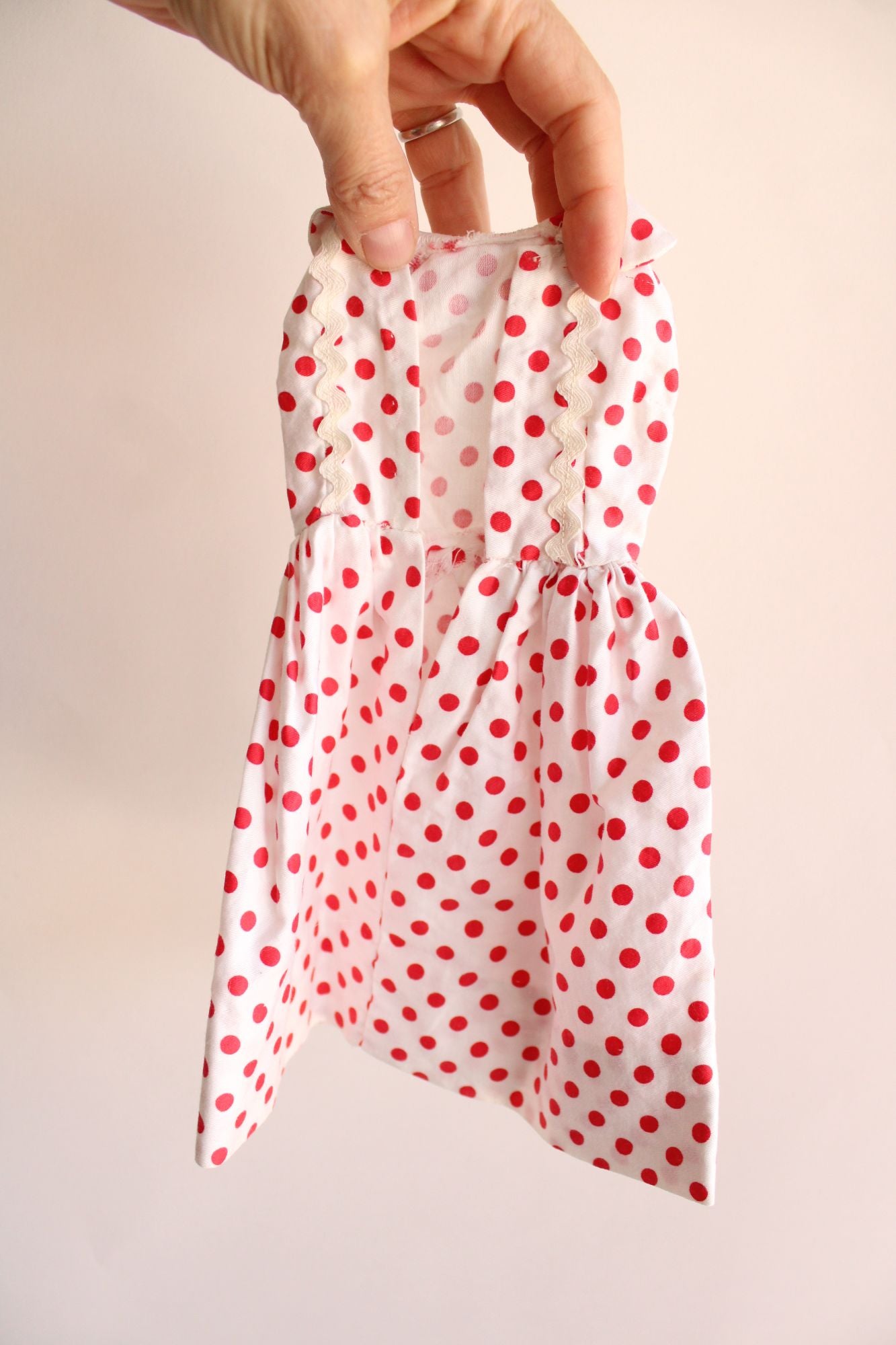 Vintage 1960s Doll Clothes,  Polkadot Dress, White Pajamas, Red Pants