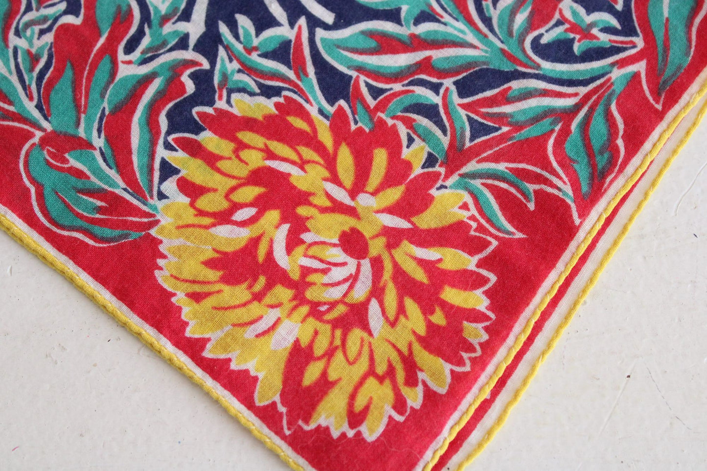 Vintage 1940s Red Blue and Yellow Floral and Leaf Print Hankie