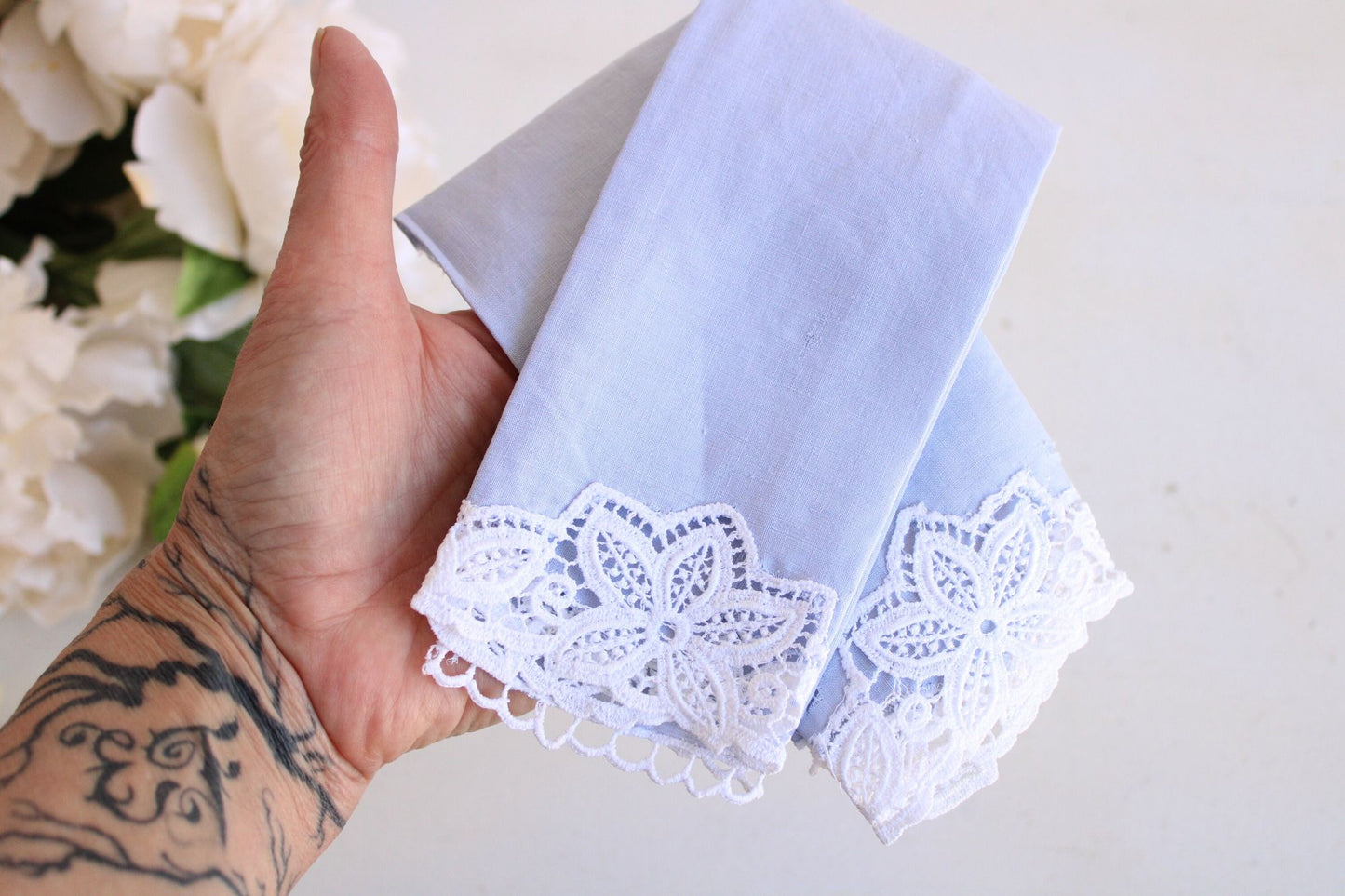 Vintage Two Linen Fingertip Towels, Blue with White Lace Trim