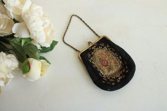 Vintage 1910s 1920s Black Embroidered Tapestry Purse
