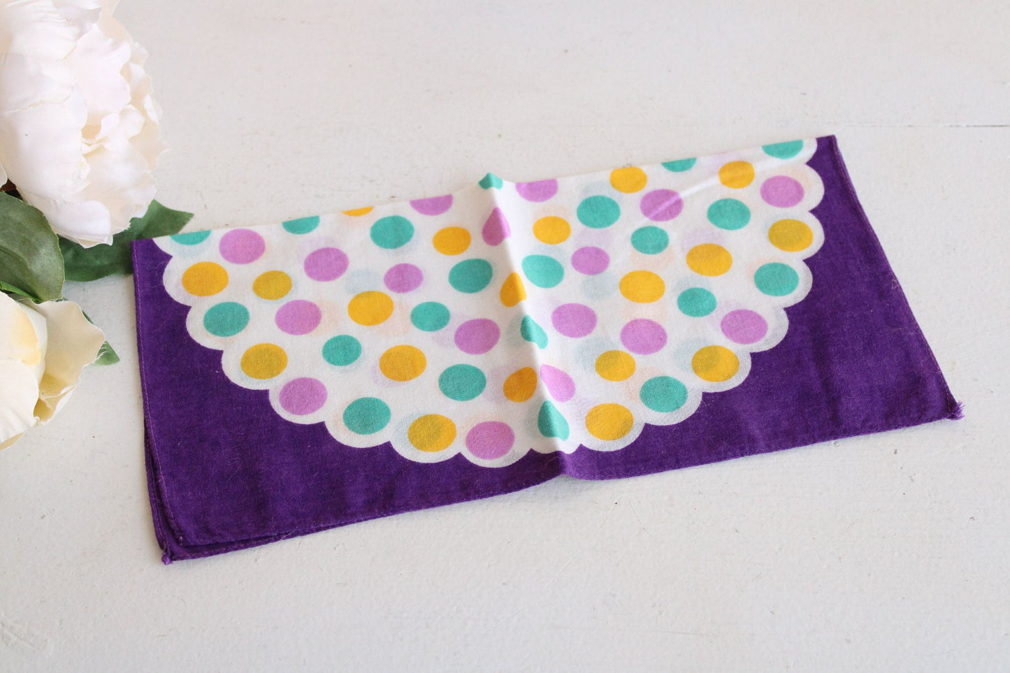Vintage Cotton Purple, Teal and Yellow Polka Dots Hanky