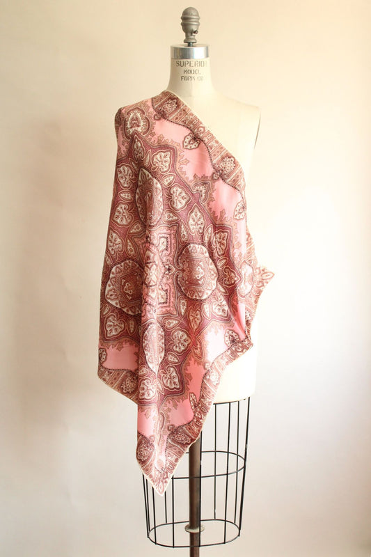 Vintage 1960s 1970s Pink And Brown Paisley Medallion Print Scarf