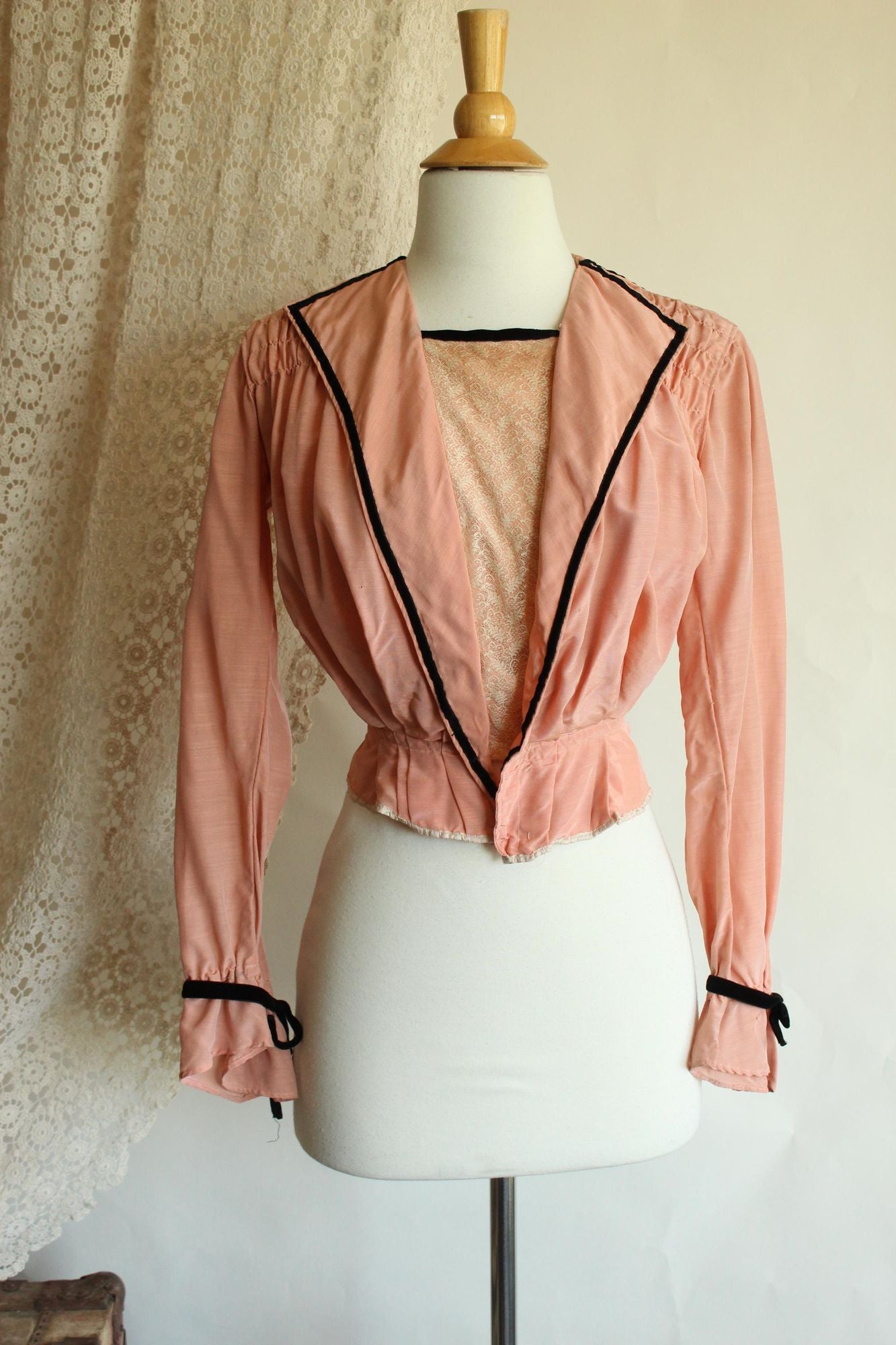 Vintage Antique 1900s Edwardian Jacket in Pink Silk with Black Trim