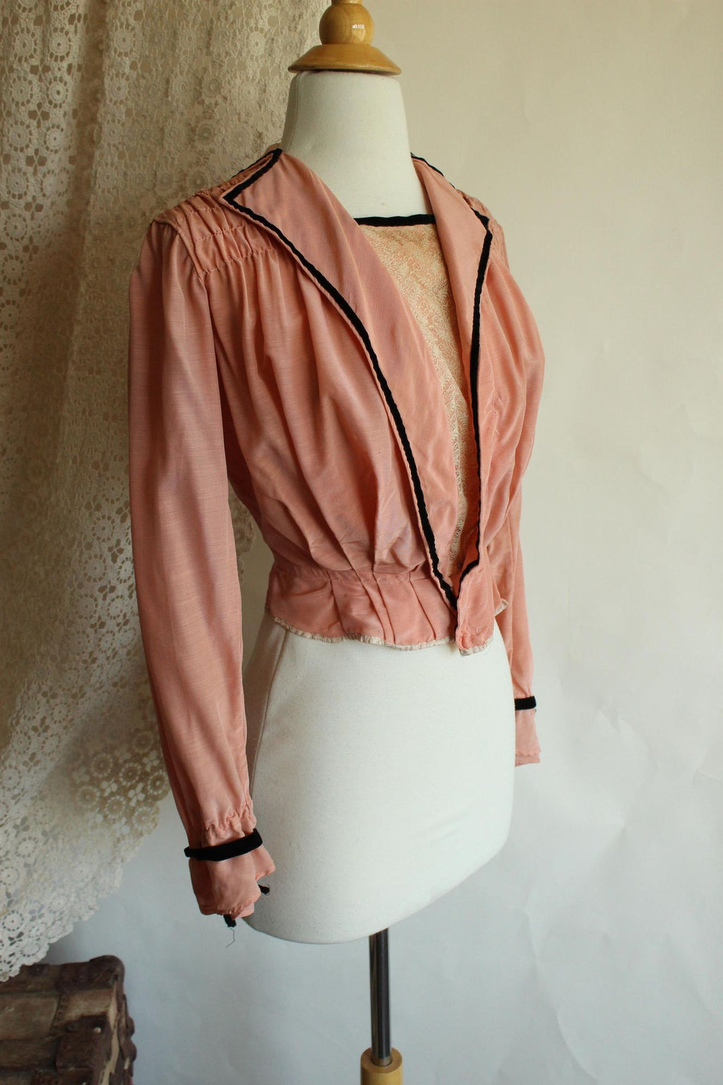 Vintage Antique 1900s Edwardian Jacket in Pink Silk with Black Trim