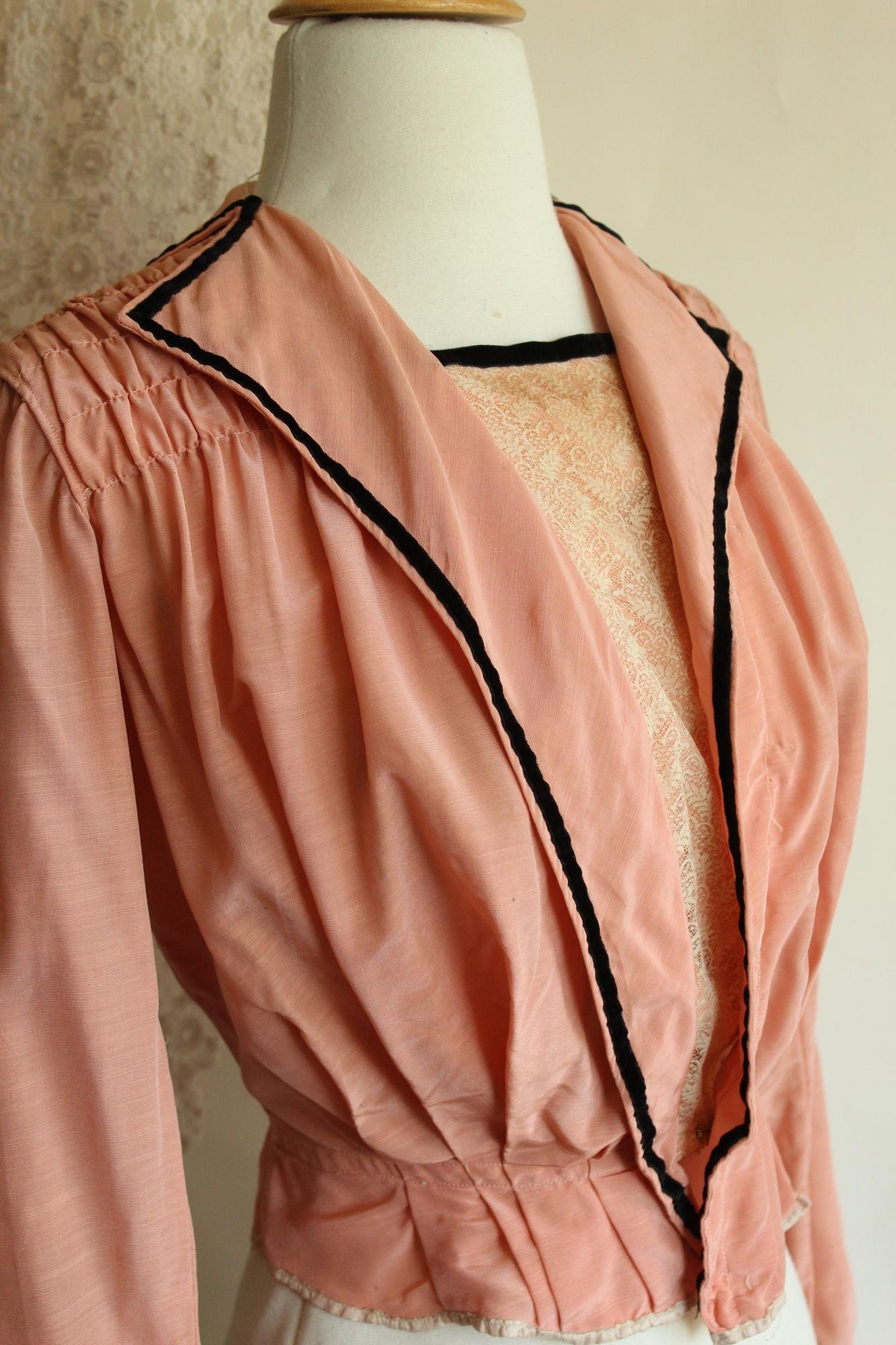 Vintage Antique 1900s Edwardian Jacket in Pink Silk with Black Trim