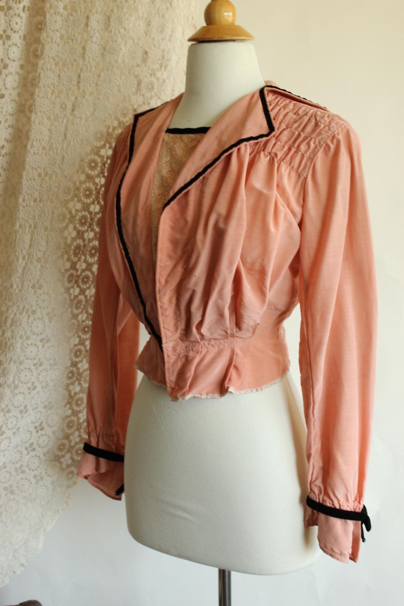 Vintage Antique 1900s Edwardian Jacket in Pink Silk with Black Trim