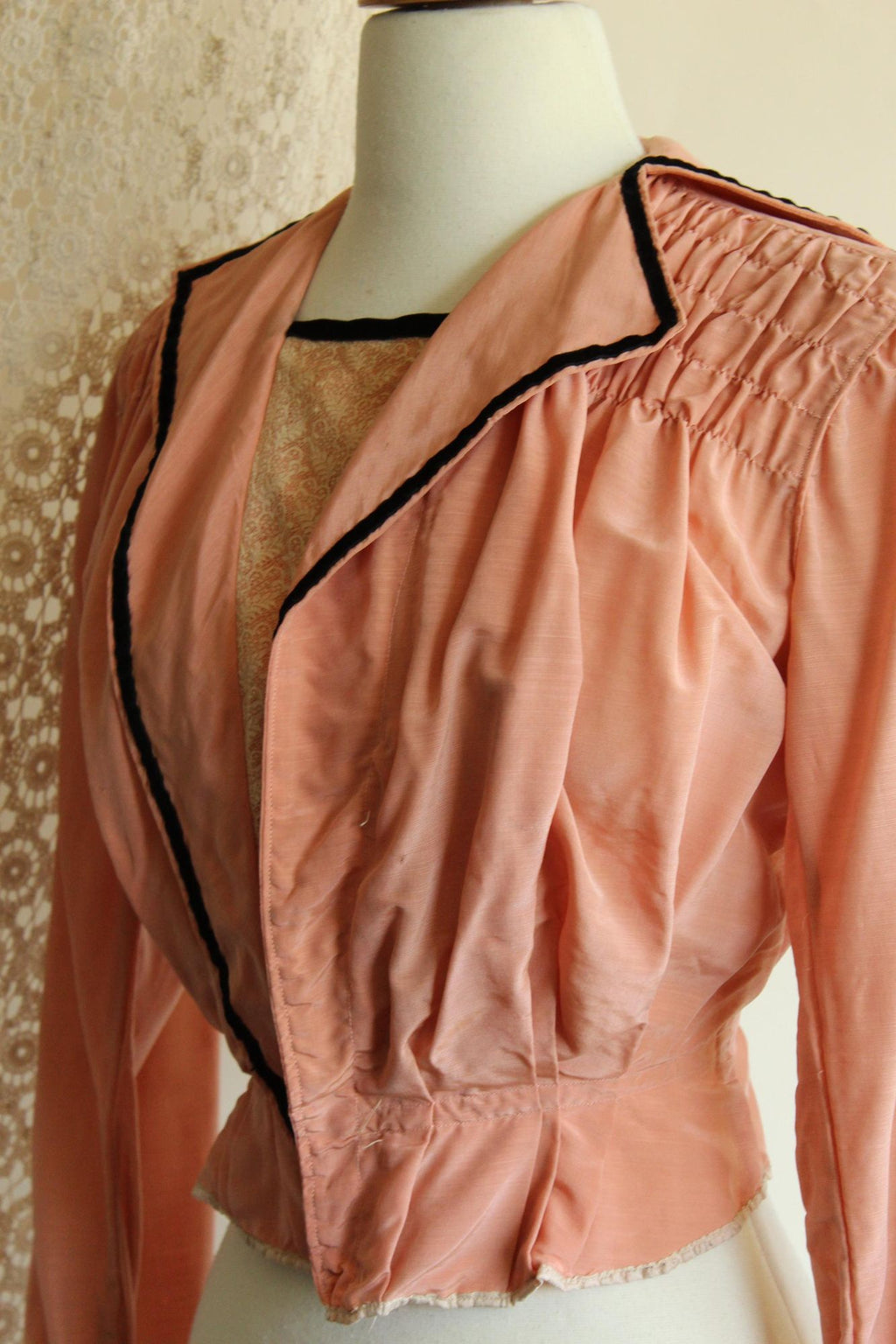Vintage Antique 1900s Edwardian Jacket in Pink Silk with Black Trim