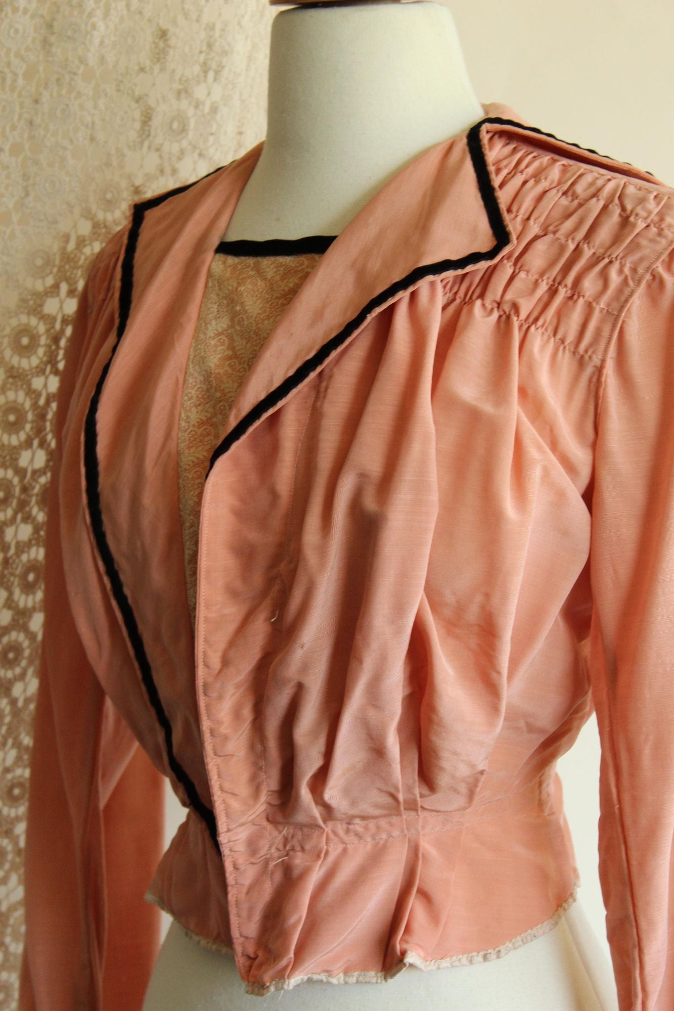 Vintage Antique 1900s Edwardian Jacket in Pink Silk with Black Trim