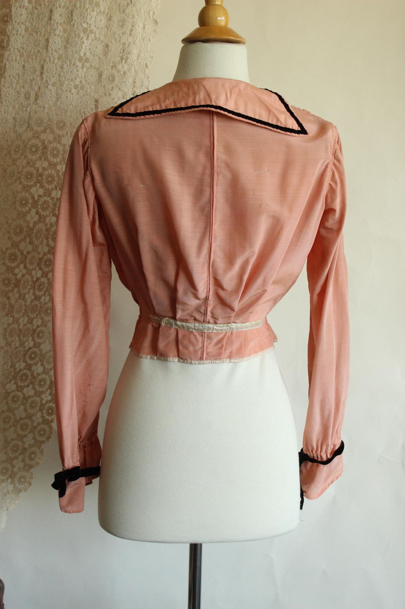 Vintage Antique 1900s Edwardian Jacket in Pink Silk with Black Trim