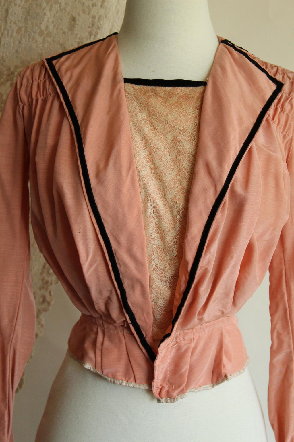 Vintage Antique 1900s Edwardian Jacket in Pink Silk with Black Trim