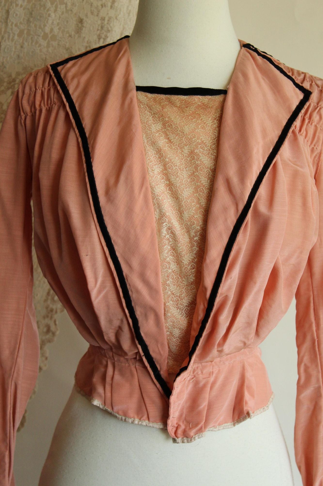 Vintage Antique 1900s Edwardian Jacket in Pink Silk with Black Trim
