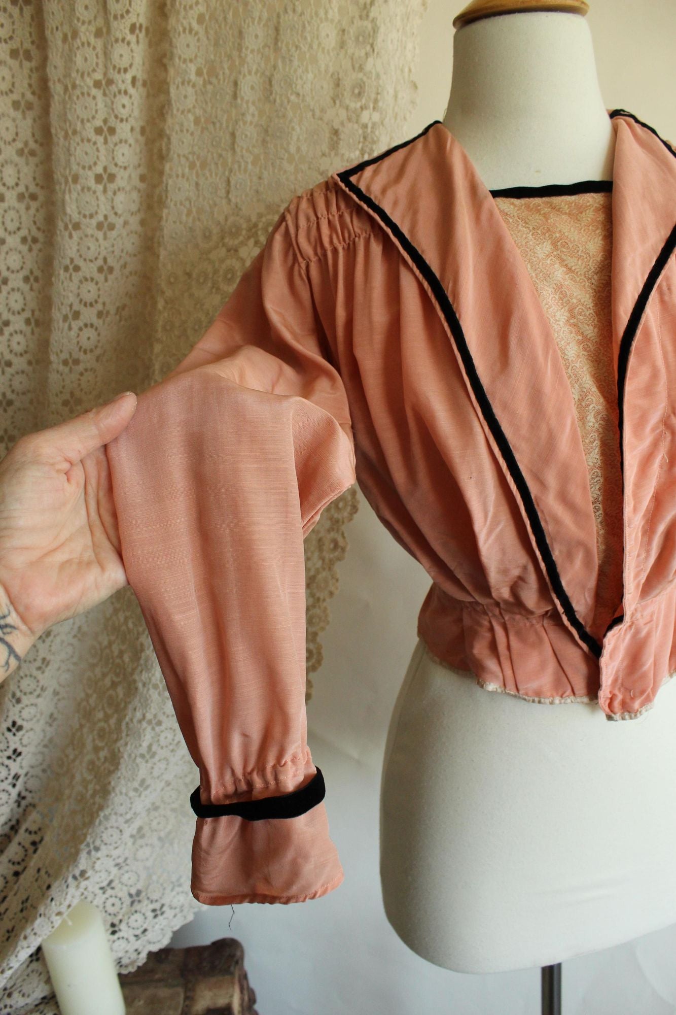 Vintage Antique 1900s Edwardian Jacket in Pink Silk with Black Trim